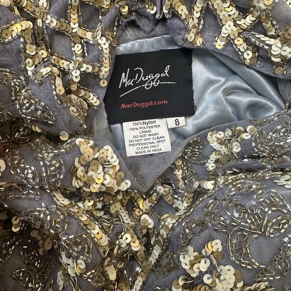 MAC DUGGAL EMBELLISHED BEADED SEQUINED FRINGE CAP SLEEVE GOWN SZ 8 Platinum Gold - Picture 10 of 16